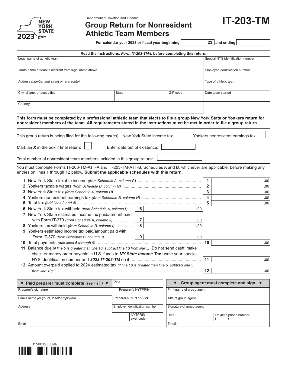 Form IT-203-TM Group Return for Nonresident Athletic Team Members - New York, Page 1