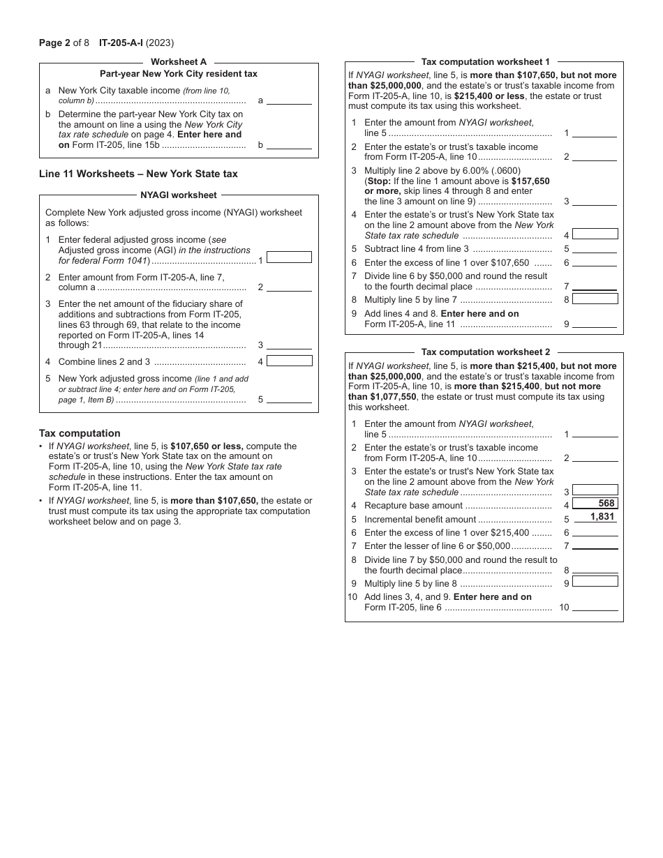 Instructions for Form IT-205-A Fiduciary Allocation - New York, Page 2