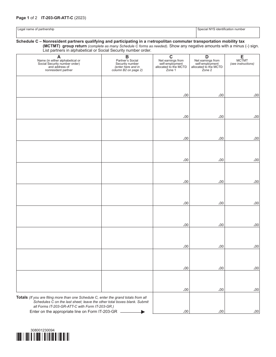 Form IT-203-GR-ATT-C Schedule C Nonresident Partners Qualifying and Participating in a Metropolitan Commuter Transportation Mobility Tax (Mctmt) Group Return - New York, Page 1