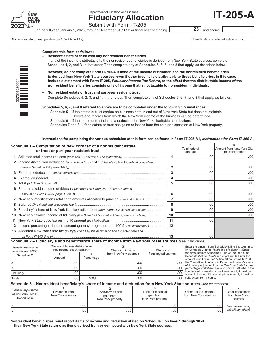Form IT-205-A Download Fillable PDF or Fill Online Fiduciary Allocation - 2023, New York ...