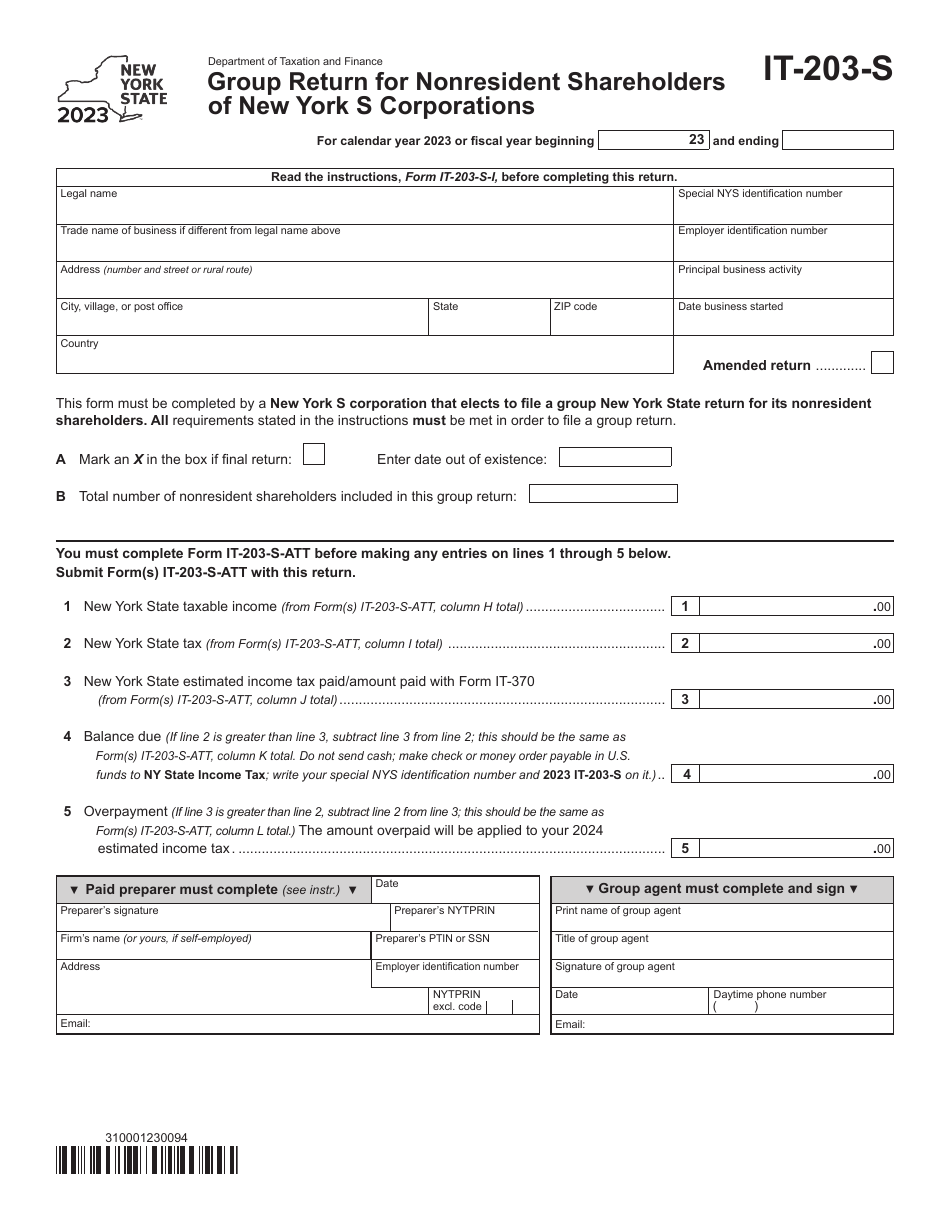 Form IT-203-S Group Return for Nonresident Shareholders of New York S Corporations - New York, Page 1