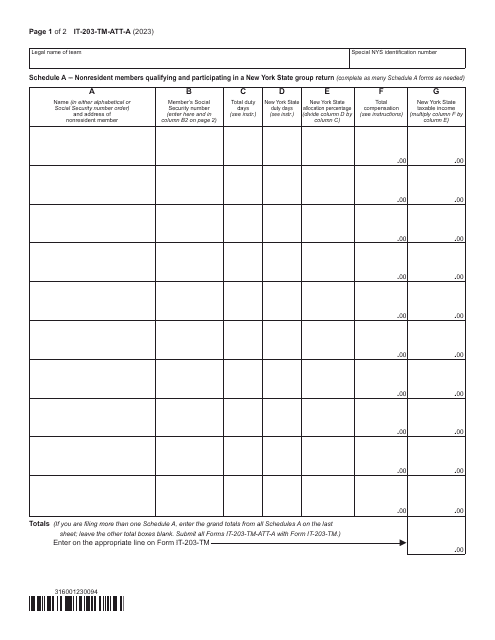 Form IT-203-TM-ATT-A Schedule A 2023 Printable Pdf