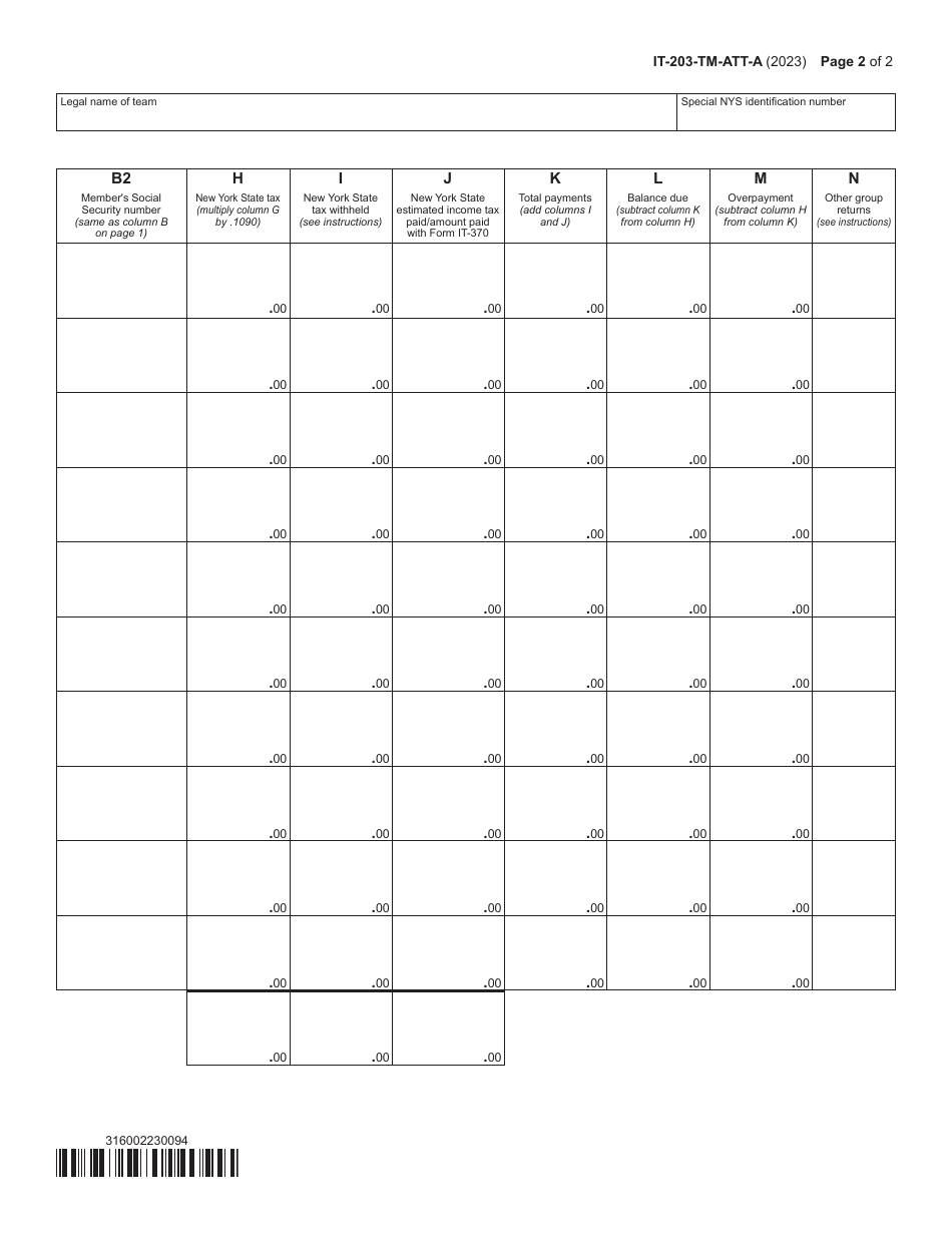 Form IT-203-TM-ATT-A Schedule A New York State Group Return for Nonresident Athletic Team Members - New York, Page 2