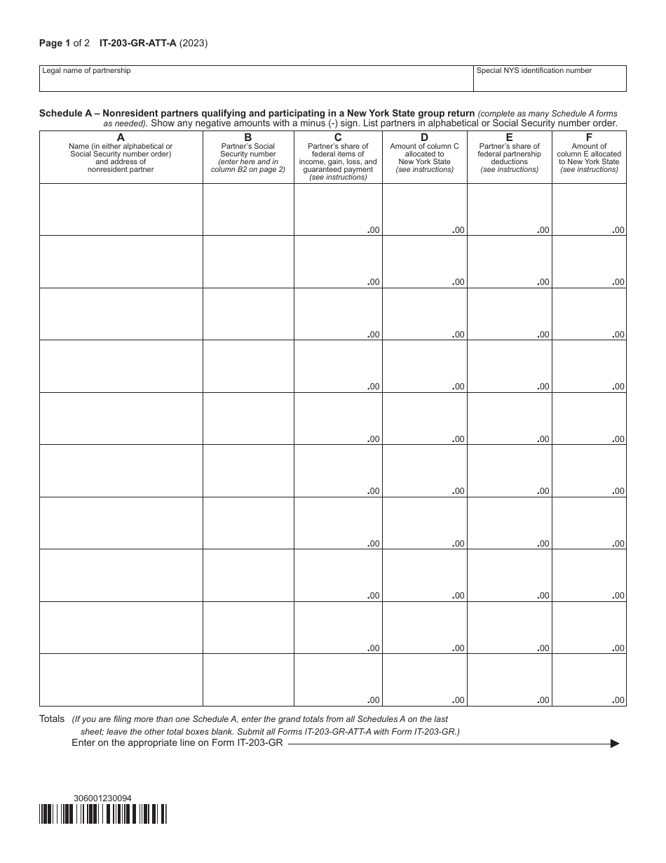 Form IT-203-GR-ATT-A Schedule A Nonresident Partners Qualifying and Participating in a New York State Group Return - New York, Page 1