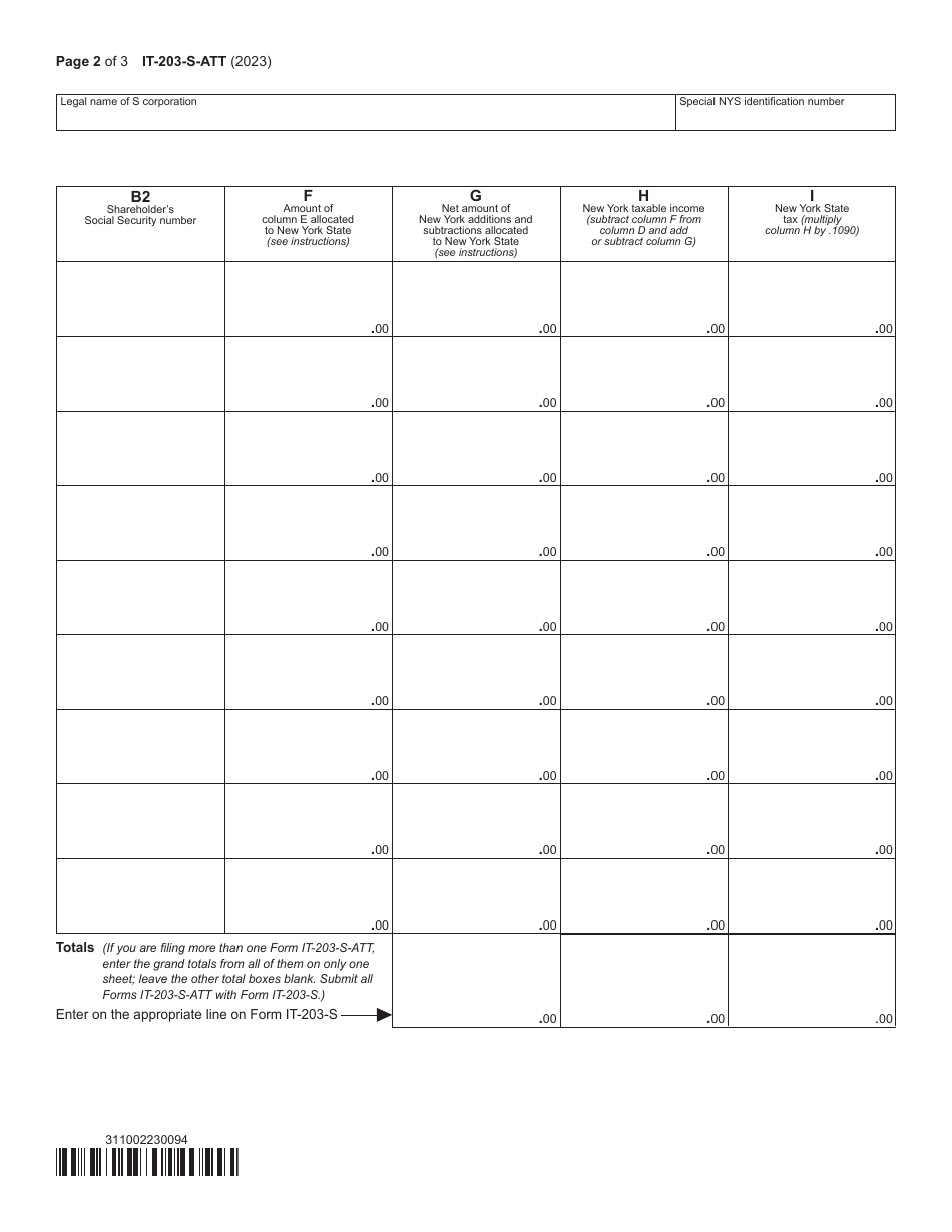 Form IT-203-S-ATT Nonresident Shareholders Qualifying and Participating in New York State Group Return - New York, Page 2