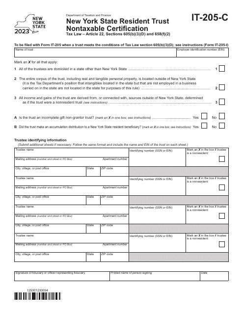 Form IT-205-C New York State Resident Trust Nontaxable Certification - New York, 2023