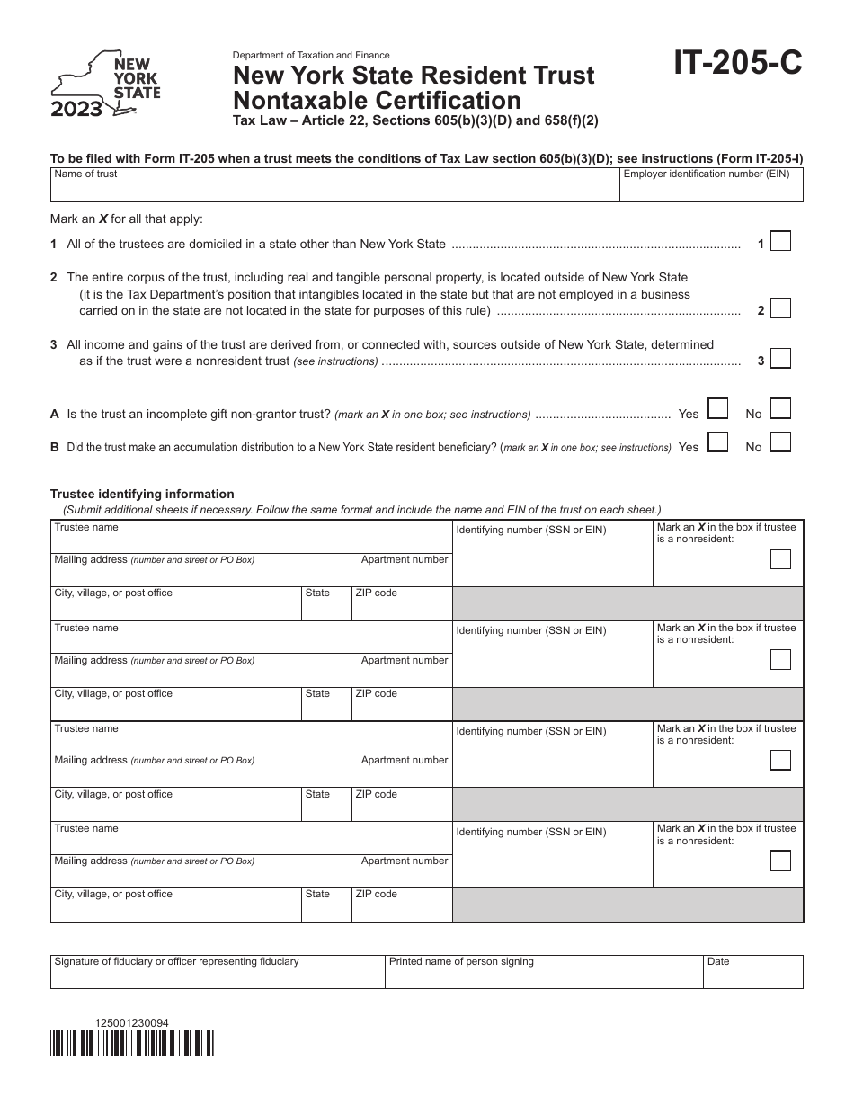 Form IT-205-C New York State Resident Trust Nontaxable Certification - New York, Page 1