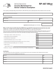Document preview: Form RP-467-WKST Income Worksheet for Senior Citizens Exemption - New York
