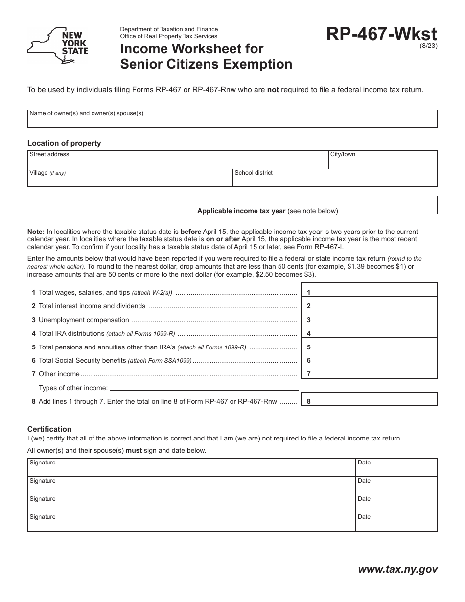 Form RP-467-WKST Income Worksheet for Senior Citizens Exemption - New York, Page 1