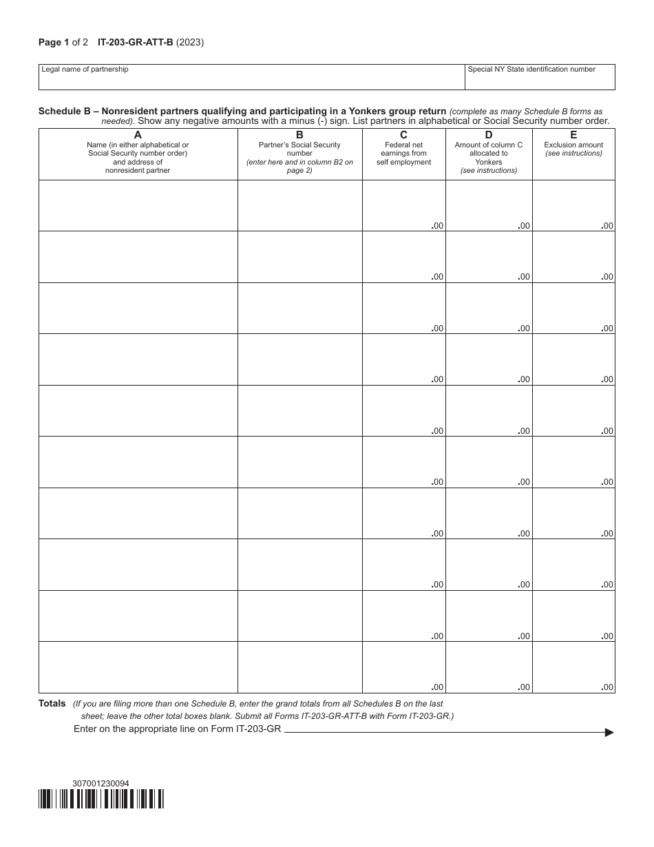 Form IT-203-GR-ATT-B Schedule B Nonresident Partners Qualifying and Participating in a Yonkers Group Return - New York, Page 1