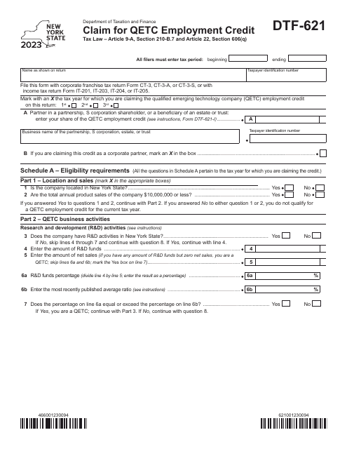 Form DTF-621 Claim for Qetc Employment Credit - New York, 2023