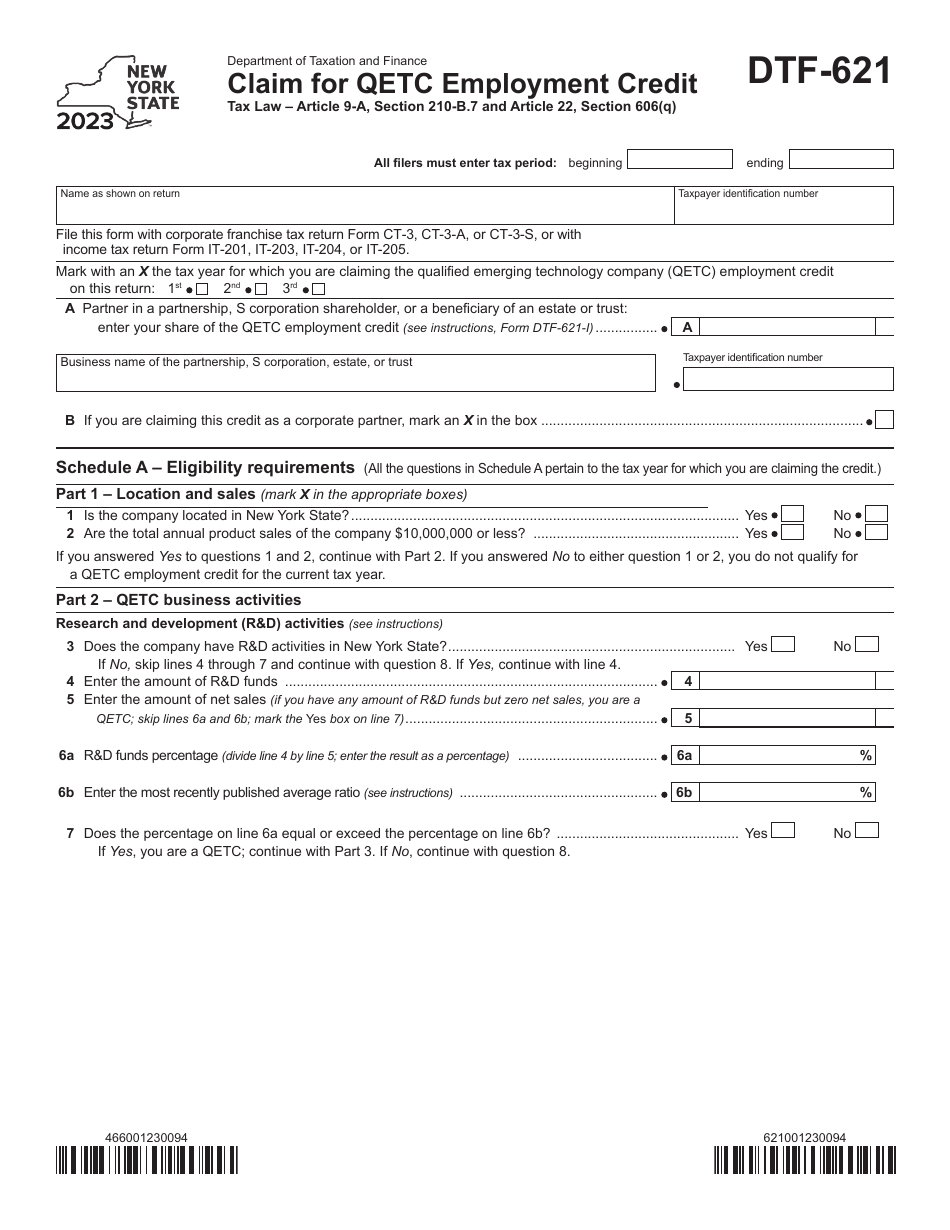 Form DTF-621 Claim for Qetc Employment Credit - New York, Page 1