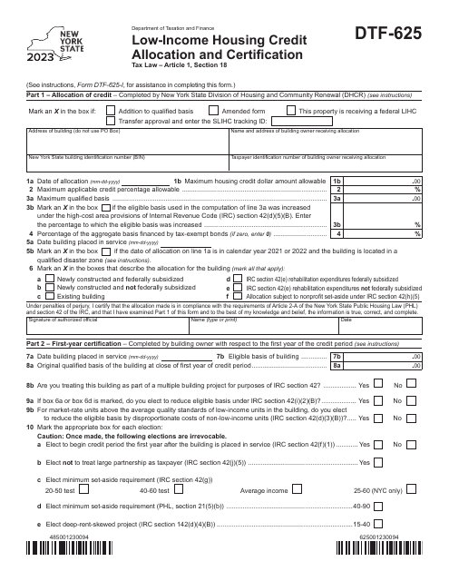 Form DTF-625 Low-Income Housing Credit Allocation and Certification - New York, 2023