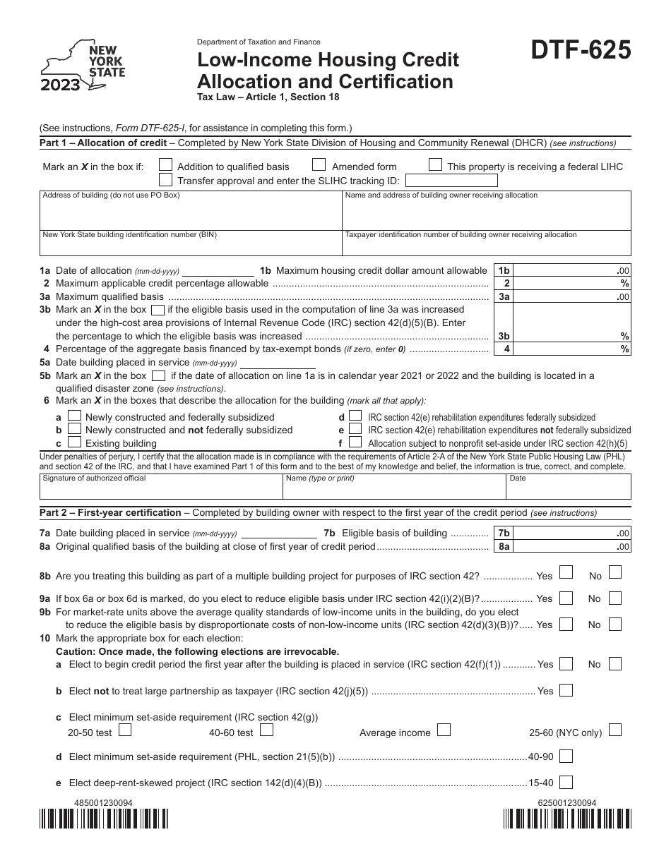 Form DTF-625 Low-Income Housing Credit Allocation and Certification - New York, Page 1