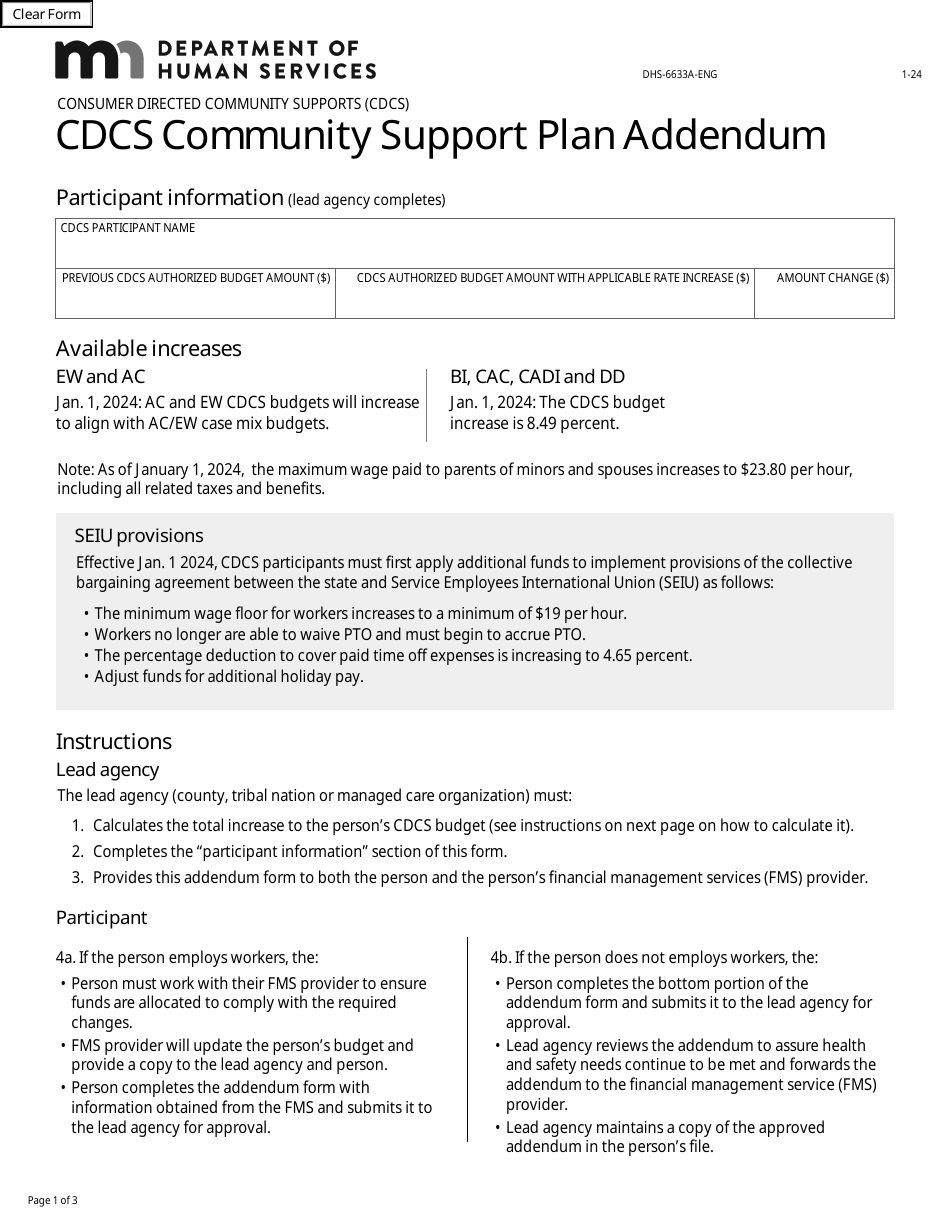 Form DHS-6633A-ENG CDCs Community Support Plan Addendum - Minnesota, Page 1
