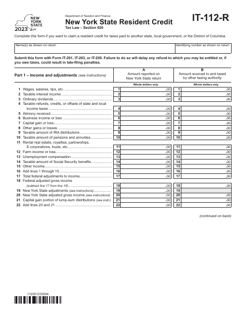Form IT-112-R New York State Resident Credit - New York, 2023