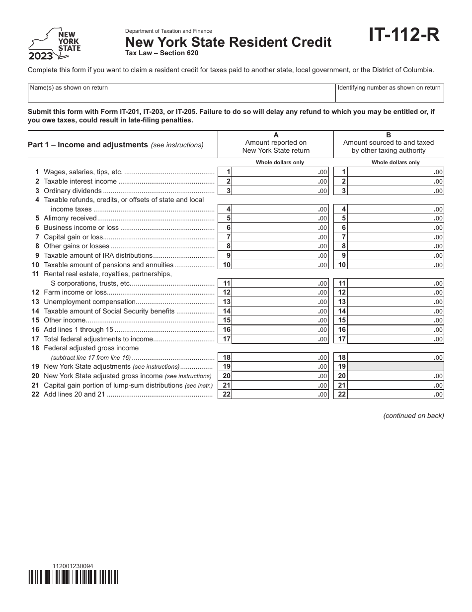Form IT-112-R New York State Resident Credit - New York, Page 1