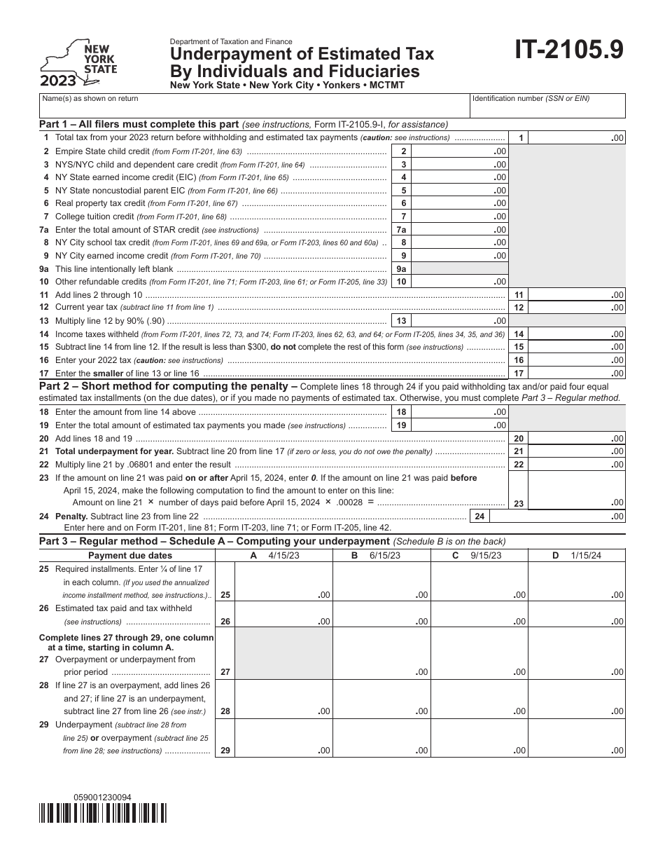 Form IT-2105.9 Underpayment of Estimated Tax by Individuals and Fiduciaries - New York, Page 1