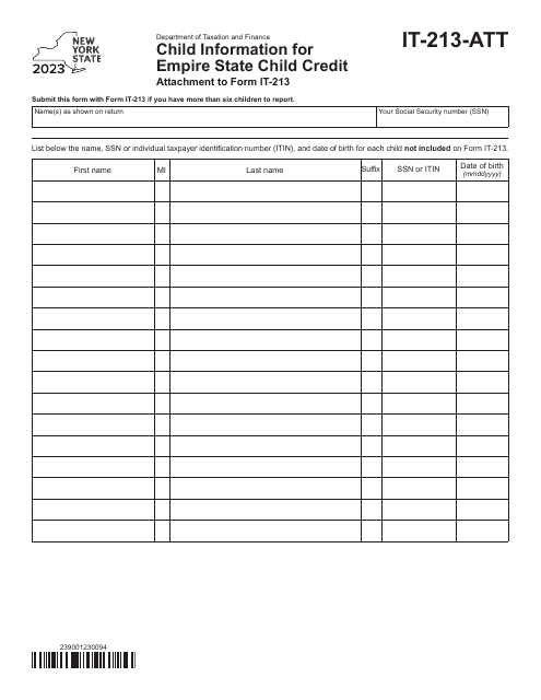 Form IT-213-ATT Child Information for Empire State Child Credit - New York, 2023
