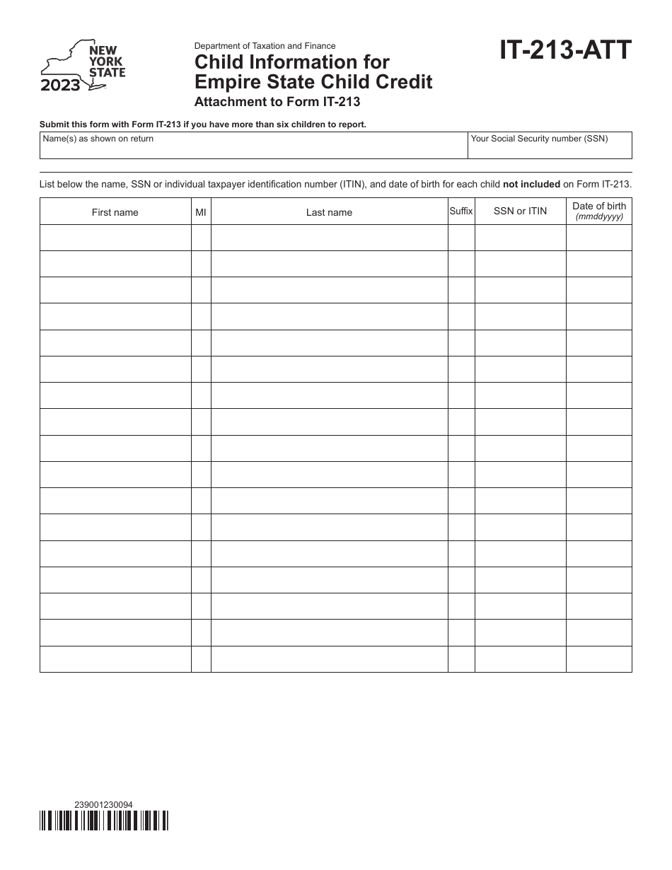 Form IT-213-ATT Child Information for Empire State Child Credit - New York, Page 1