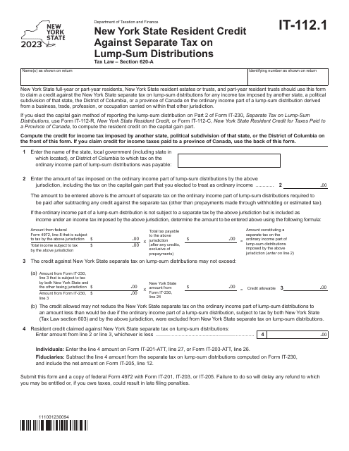 Form IT-112.1 New York State Resident Credit Against Separate Tax on Lump-Sum Distributions - New York, 2023