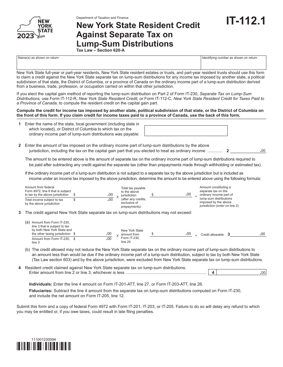 Form IT-112.1 New York State Resident Credit Against Separate Tax on Lump-Sum Distributions - New York, Page 1