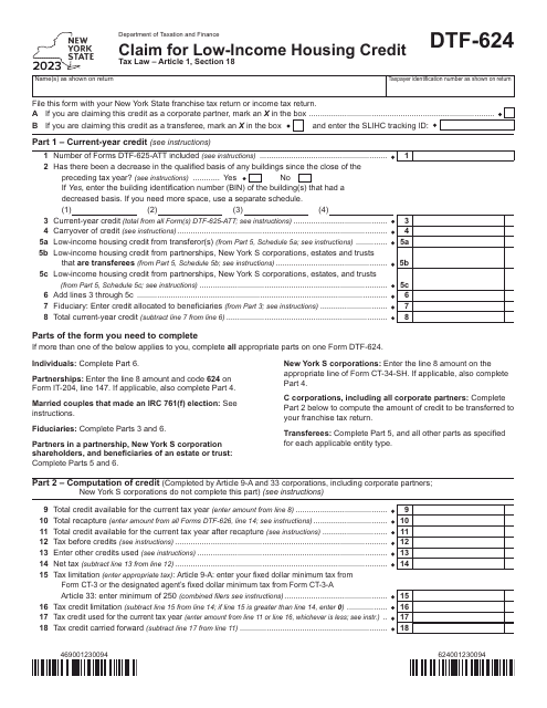 Form DTF-624 Claim for Low-Income Housing Credit - New York, 2023
