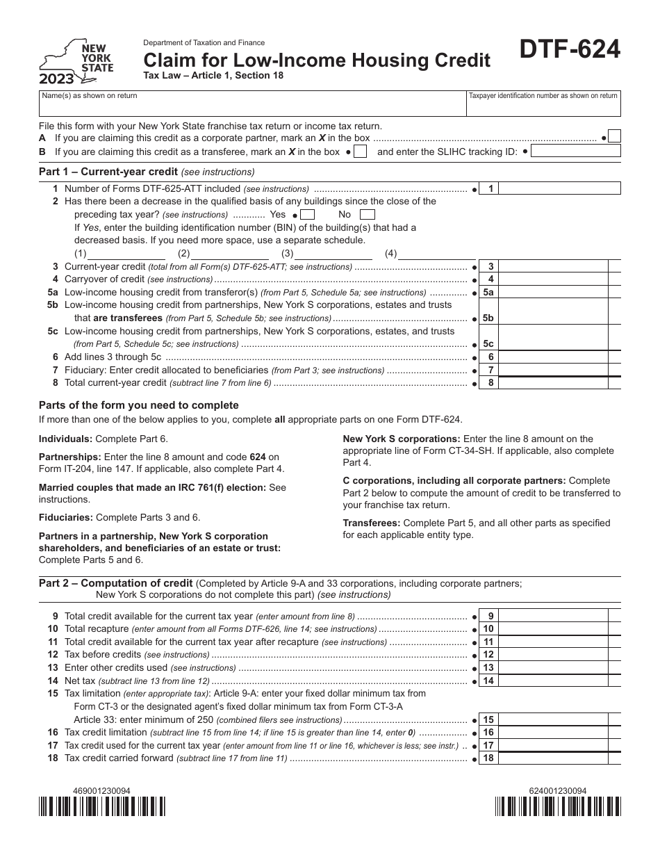 Form DTF-624 Claim for Low-Income Housing Credit - New York, Page 1