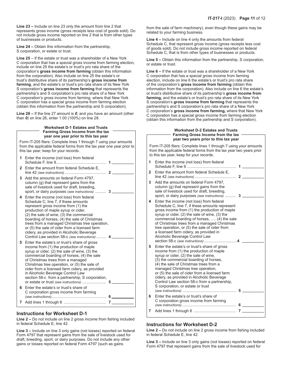Instructions for Form IT-217 Claim for Farmers School Tax Credit - New York, Page 11