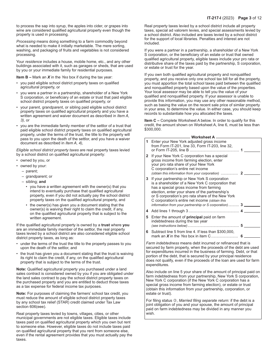 Instructions for Form IT-217 Claim for Farmers School Tax Credit - New York, Page 3