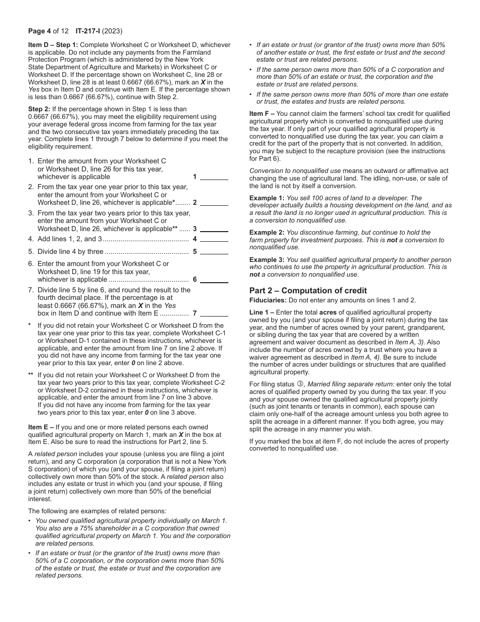 Instructions for Form IT-217 Claim for Farmers School Tax Credit - New York, Page 4