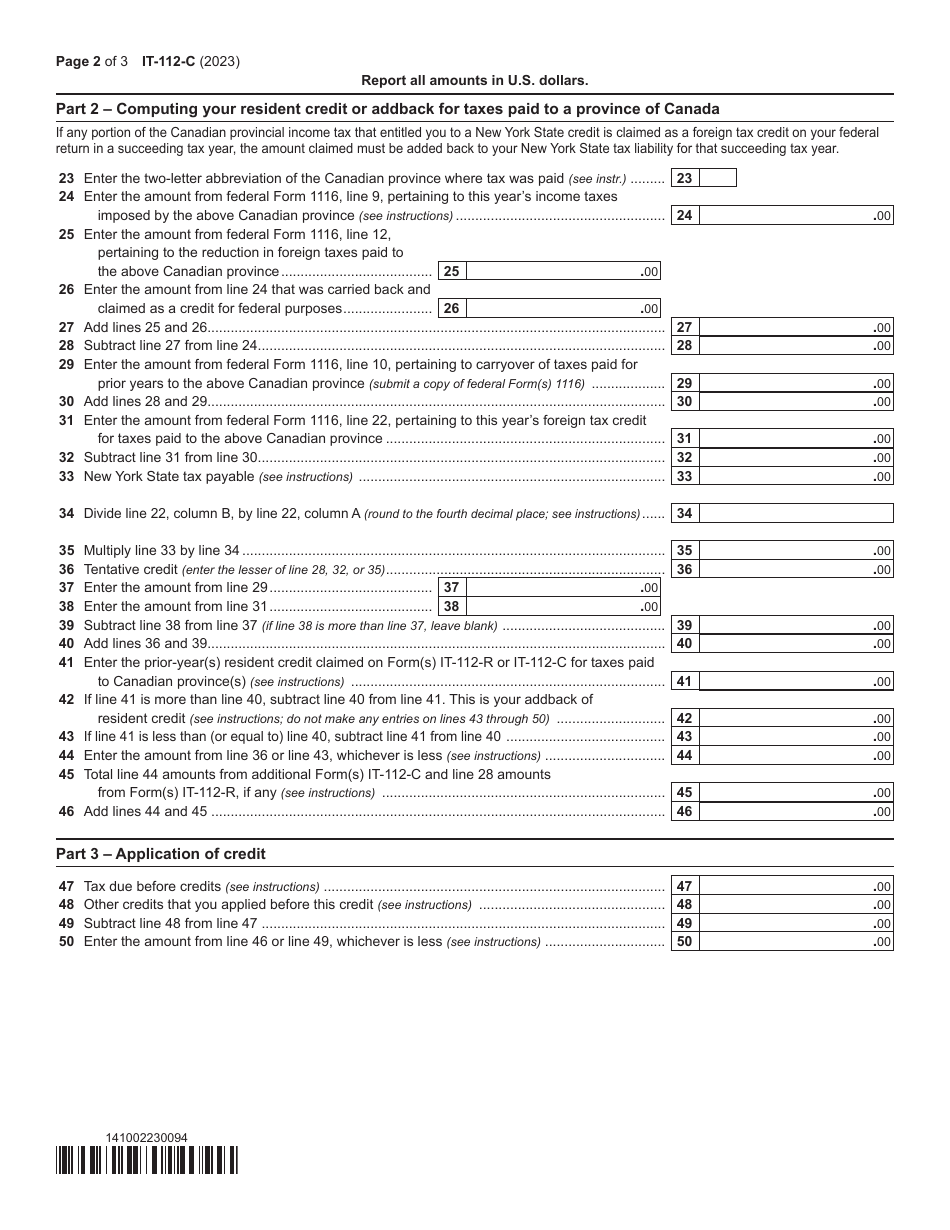 Form IT-112-C New York State Resident Credit for Taxes Paid to a Province of Canada - New York, Page 2