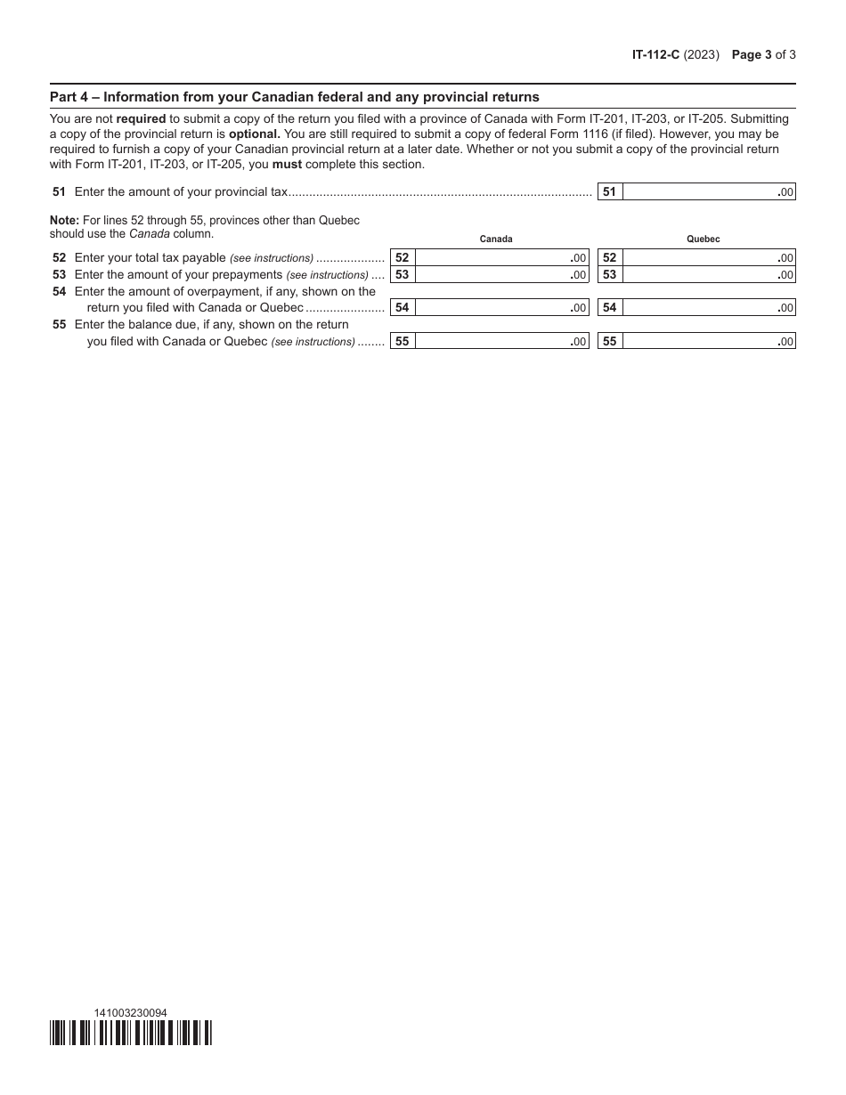 Form IT-112-C New York State Resident Credit for Taxes Paid to a Province of Canada - New York, Page 3