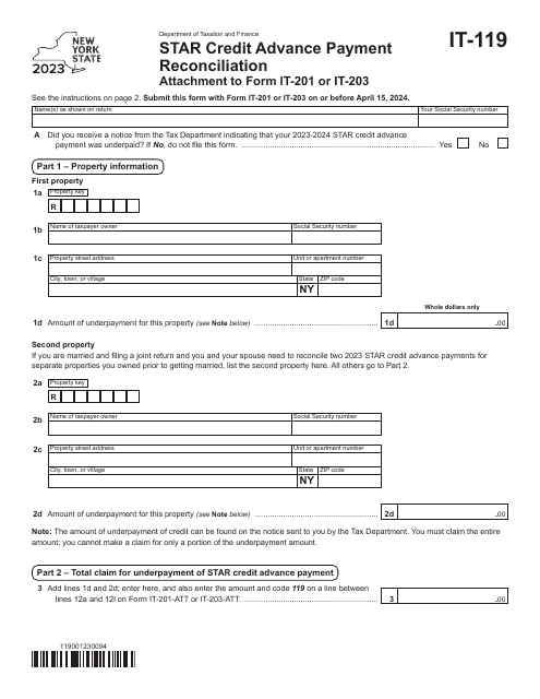 Form IT-119 Star Credit Advance Payment Reconciliation - New York, 2023