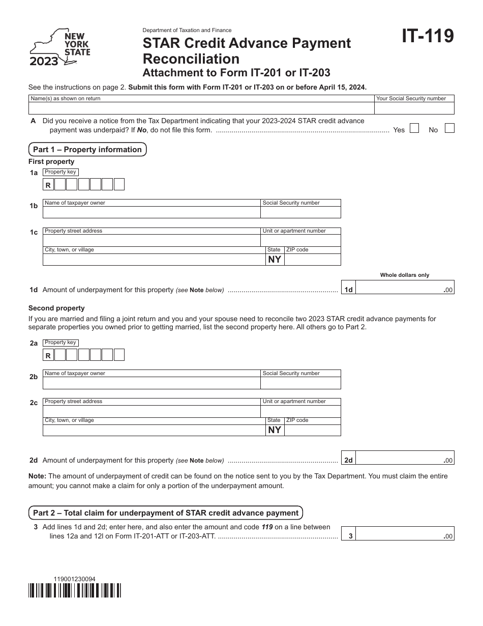 Form IT-119 Star Credit Advance Payment Reconciliation - New York, Page 1