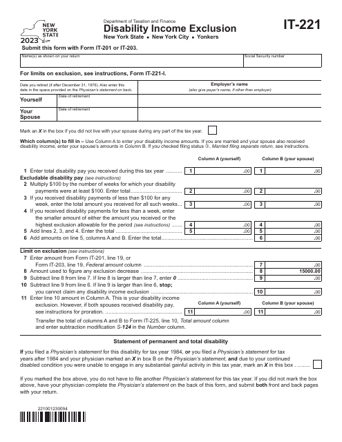 Form IT-221 Disability Income Exclusion - New York, 2023