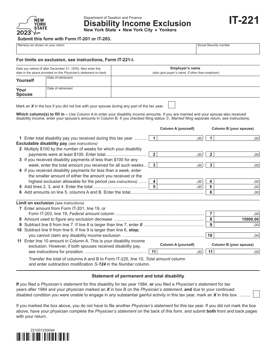 Form IT-221 Disability Income Exclusion - New York, Page 1