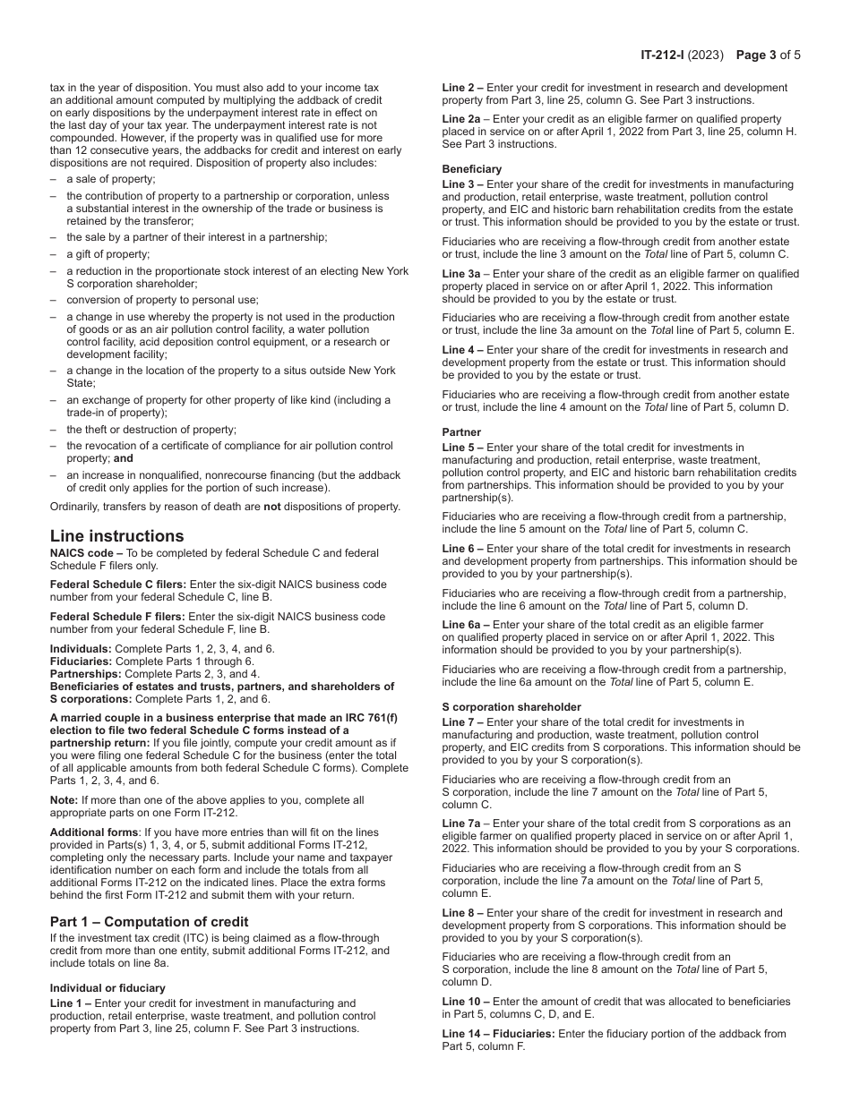 Instructions for Form IT-212 Investment Credit - New York, Page 3