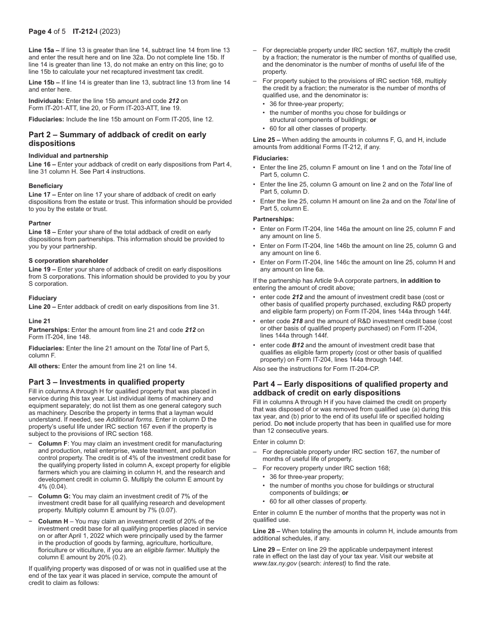 Instructions for Form IT-212 Investment Credit - New York, Page 4
