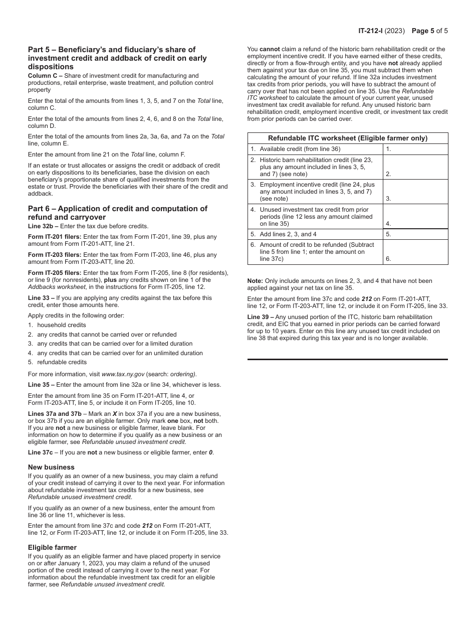 Instructions for Form IT-212 Investment Credit - New York, Page 5