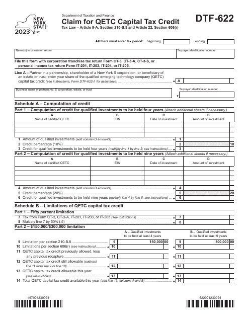 Form DTF-622 Claim for Qetc Capital Tax Credit - New York, 2023