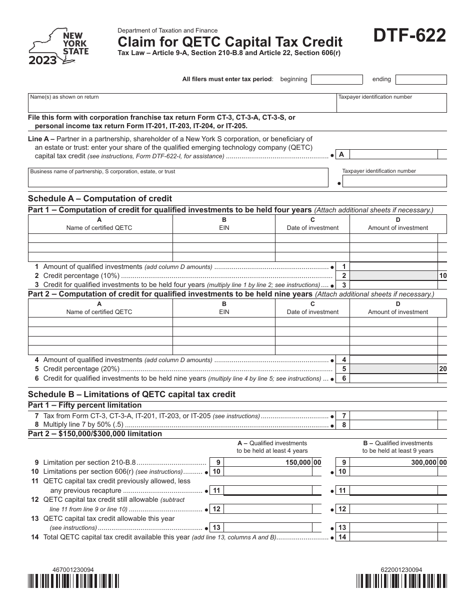 Form DTF-622 Claim for Qetc Capital Tax Credit - New York, Page 1