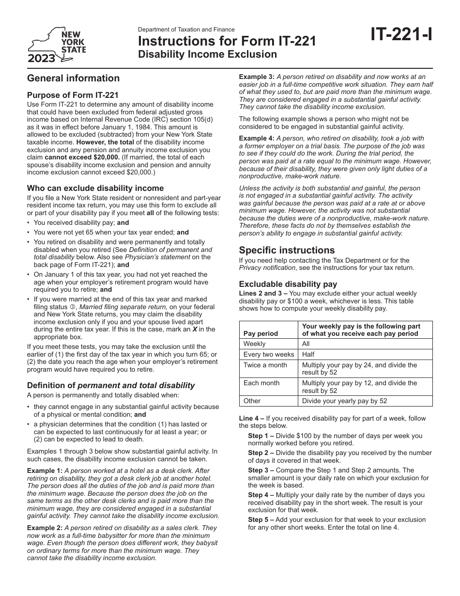 Instructions for Form IT-221 Disability Income Exclusion - New York, Page 1