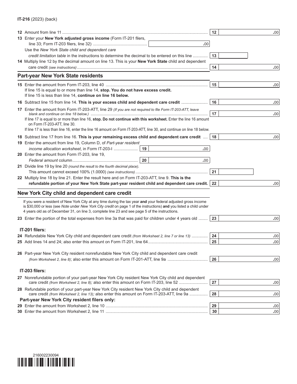 Form IT-216 Claim for Child and Dependent Care Credit - New York, Page 2