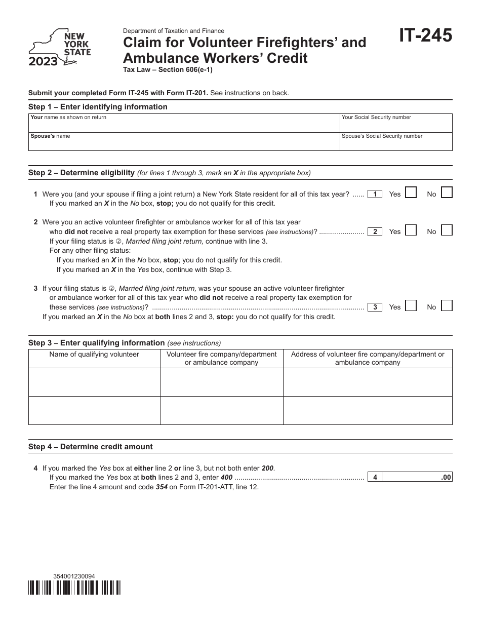 Form IT-245 Claim for Volunteer Firefighters and Ambulance Workers Credit - New York, Page 1