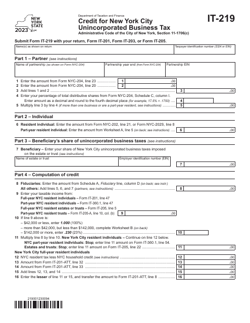Form IT-219 Credit for New York City Unincorporated Business Tax - New York, 2023