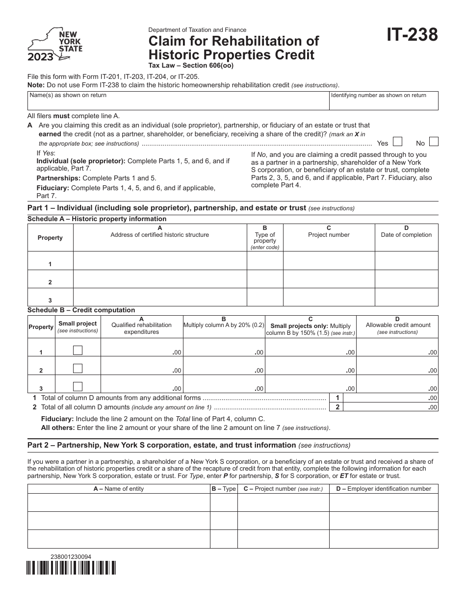 Form IT-238 Claim for Rehabilitation of Historic Properties Credit - New York, Page 1