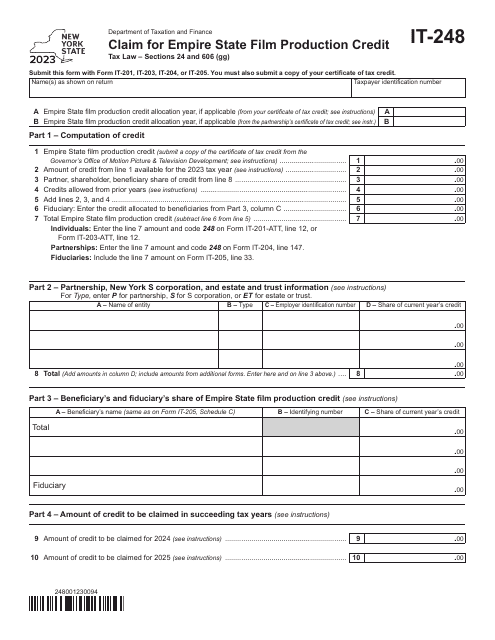 Form IT-248 Claim for Empire State Film Production Credit - New York, 2023