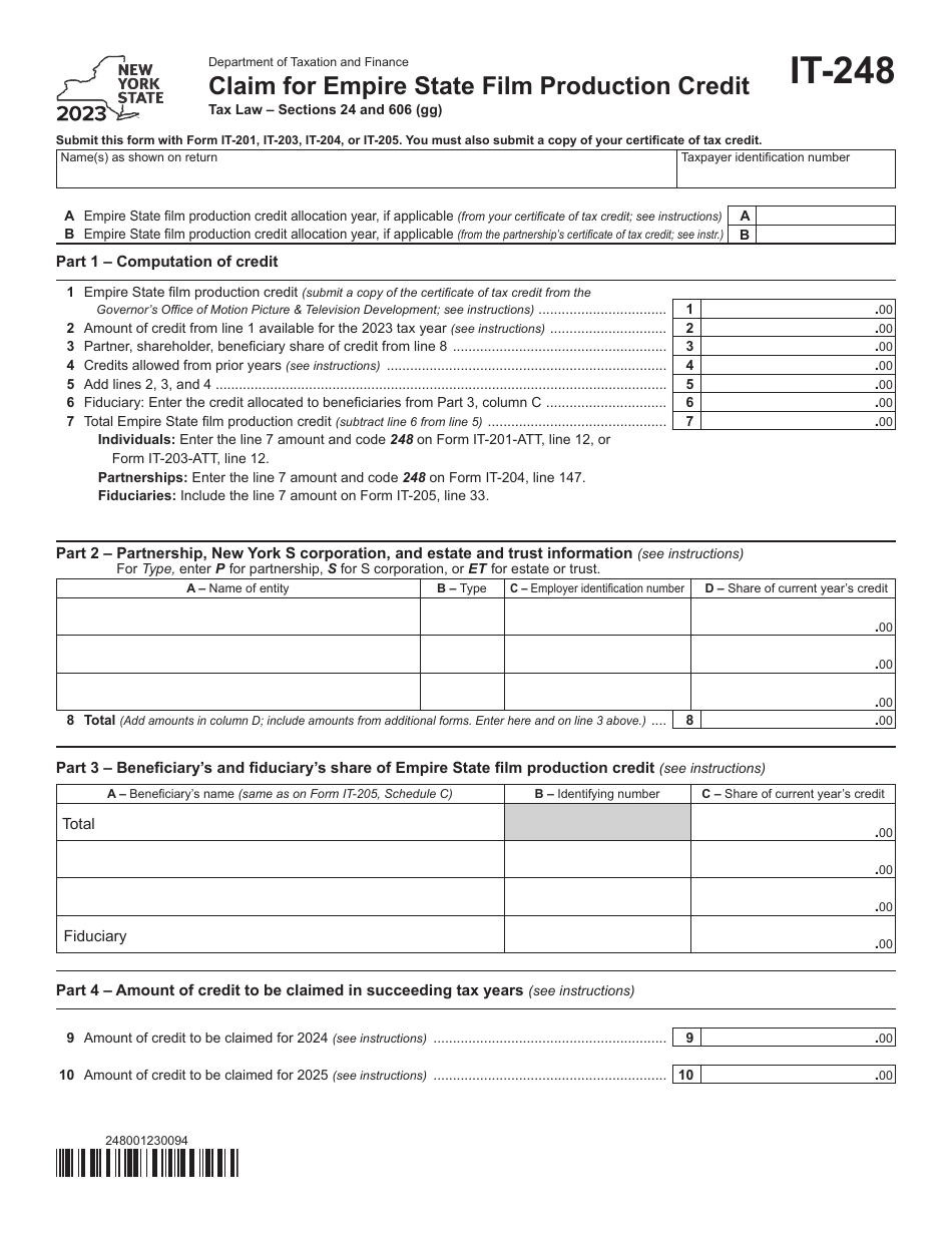 Form IT-248 Claim for Empire State Film Production Credit - New York, Page 1