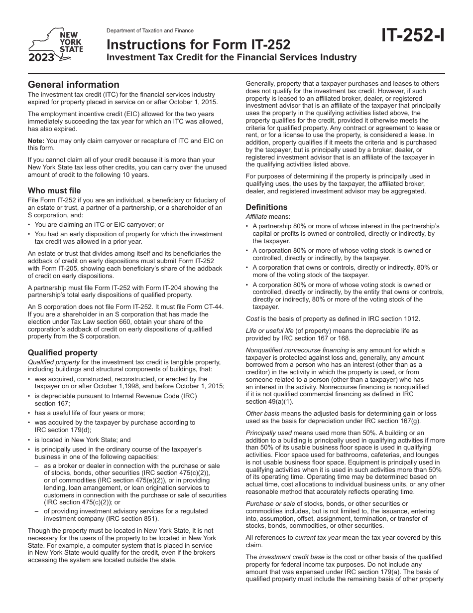 Part 252 Form.pdf Download Instructions for Form IT-252 Investment Tax Credit for the ...